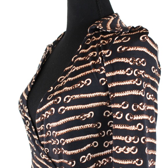 Diane Von Furstenberg Gold Chain Pattern Wrap Dress 2 Knee Length 3/4th Sleeve - Picture 3 of 7
